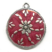 Medal pendant Enameled fuchsia 36mm Old silver tone x1|raw }}