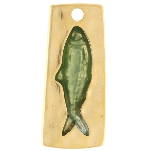 Irregular rectangular pendant 31x14 mm fish motif Gilded in fine gold - Green x1