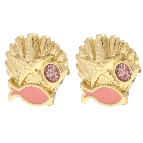 Earrings shell 13 mm - Gilded with fine gold - Salmon - Pink glitter x2