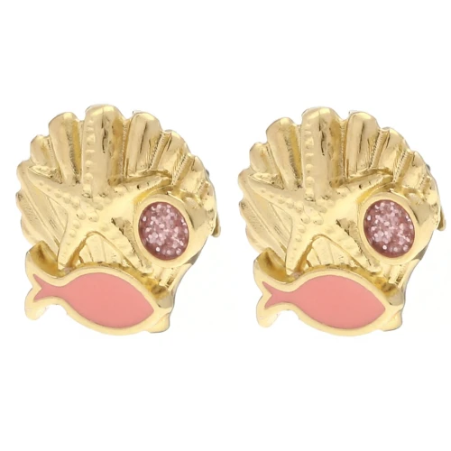 Earrings shell 13 mm - Gilded with fine gold - Salmon - Pink glitter x2