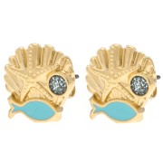 13 mm shell earrings Gilded with fine gold - Turquoise - Blue glitter x2