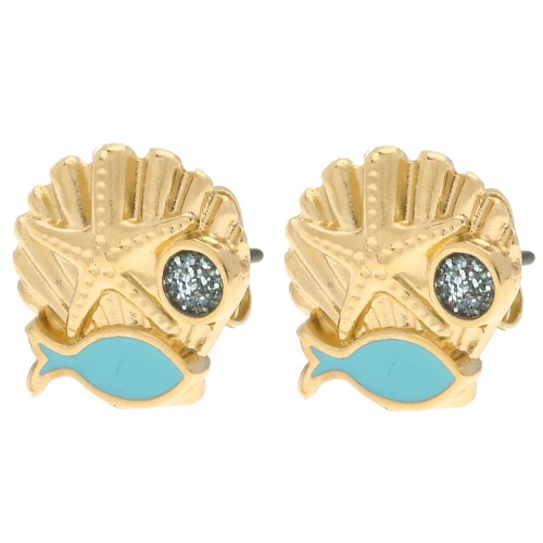 13 mm shell earrings Gilded with fine gold - Turquoise - Blue glitter x2