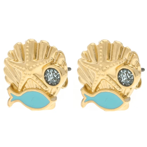 13 mm shell earrings Gilded with fine gold - Turquoise - Blue glitter x2