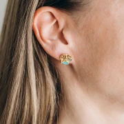 13 mm shell earrings Gilded with fine gold - Turquoise - Blue glitter x2