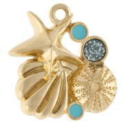 Shell &amp; starfish pendant 21x20 m Gilded with fine gold - Blue glitter x1