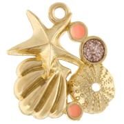 Shell & starfish pendant 21x20 m Gilded with fine gold - Pink glitter x1