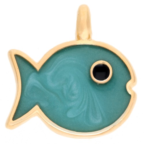 Fish charm 16x15 mm with epoxy resin Gilded with fine gold - Turquoise pearl x1