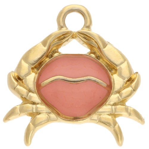 Crab charm 16x15 mm with epoxy resin - Gilded with fine gold - Salmon pearl x1