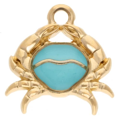 Crab charm 16x15 mm with epoxy resin - Gilded with fine gold - Turquoise pearl x1