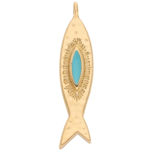 Fish pendant 35x8 mm - Gilded with fine gold - Turquoise x1