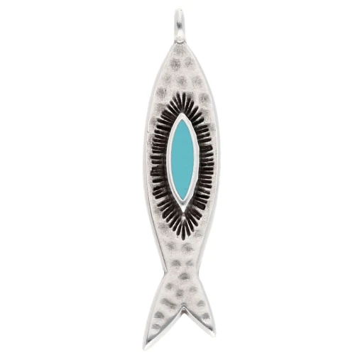 Fish pendant 35x8 mm - Antique sterling silver veneer - Turquoise x1