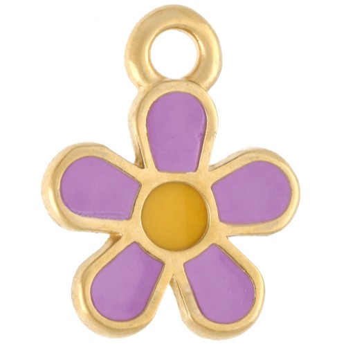 10.5 mm flower charm with epoxy resin - Gilded with fine gold - Lilac - Yellow x1