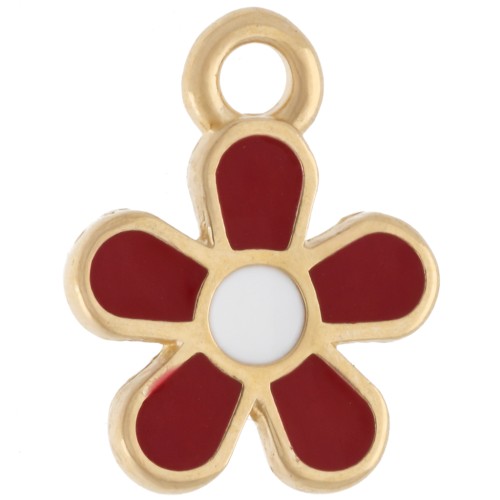 10.5 mm flower charm with epoxy resin - Gilded with fine gold - Bordeaux - White x1
