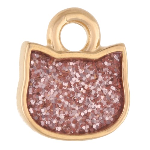 Cat's head charm 9x8 mm - Gilded with fine gold - Pink glitter x1