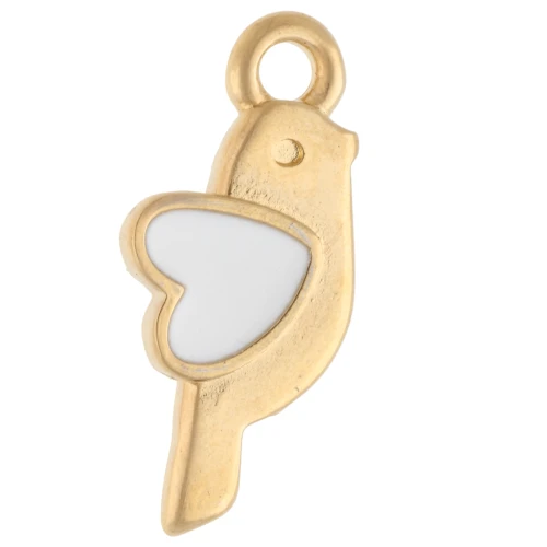 Bird and heart charm 18x8 mm - Gilded with fine gold - White x1