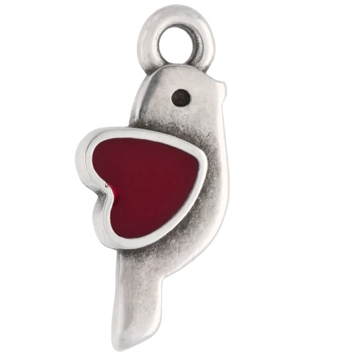 Bird and heart charm 18x8 mm - Antique sterling silver plating - Red x1