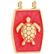 Intercalary pendant 22.5x15 mm - turtle motif - Gilded with fine gold - Fluorescent coral
