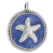 Round irregular 20mm starfish pendant Silver plated fine antiqued Blue pearl