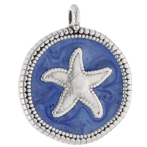 Round irregular 20mm starfish pendant Silver plated fine antiqued Blue pearl