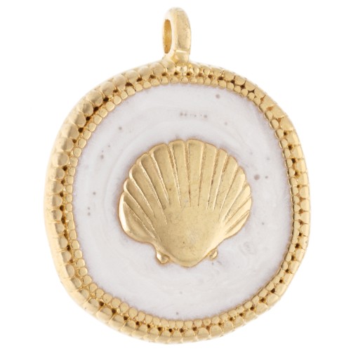 Round irregular pendant 20 mm shell - Gilded with fine gold - Pearlescent white x1