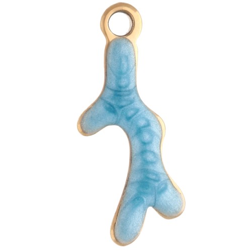 Mini Coral Charm 13x5 mm with Epoxy - 304 Stainless Steel Gold - Blue x1