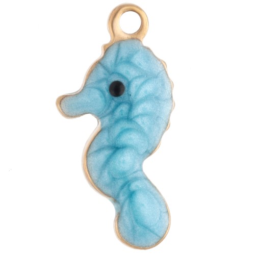 Mini seahorse charm 14x7 mm with epoxy - 304 Gold stainless steel - Blue