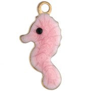 Mini seahorse charm 14x7 mm with epoxy - 304 Gold stainless steel - Pink x1