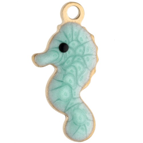 Mini seahorse charm 14x7 mm with epoxy - 304 Gold stainless steel - Green x1