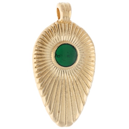 Ribbed point pendant, 25x13 mm, with epoxy resin - Fine gold plated - Green x1