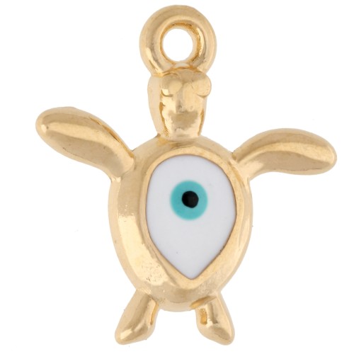 Turtle charm 18.5x17 mm - Eye motif - Gilded with fine gold - White - Blue x1
