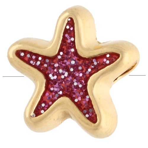 10 mm starfish bead with epoxy resin - Fine gold plated - Rose glitter x1
