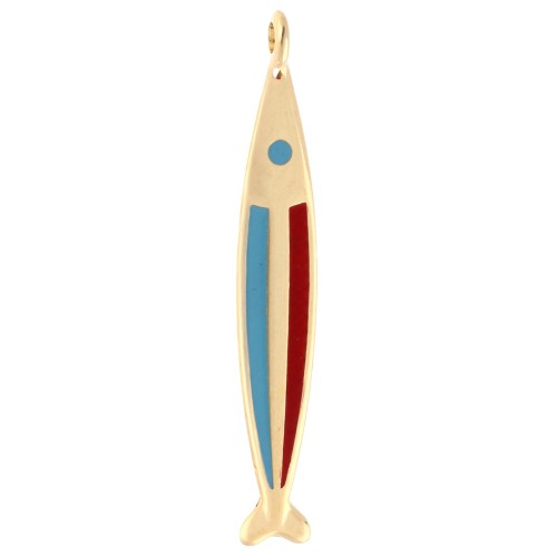 Fish pendant 58x9 mm with epoxy resin - Gilded with fine gold - Blue - Red x1