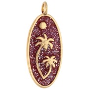 pendant - Oval pendant 28.5x12.5 mm with palm tree motif - Gilded with fine gold - Pink glitter x1 Oval pendant 28.5x12.5 mm with palm tree motif - Gilded with fine gold - Pink glitter x1