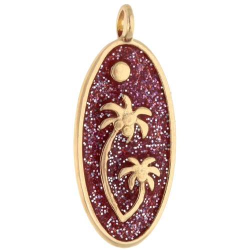 Oval pendant 28.5x12.5 mm with palm tree motif - Gilded with fine gold - Pink glitter x1