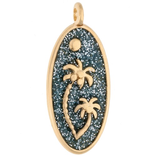 Oval pendant 28.5x12.5 mm with palm tree motif - Gilded with fine gold - Glittery blue-grey