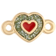 15x8.5mm Heart-Shaped Spacer, Epoxy Resin - Fine gold plated - Green Glitter - Orange