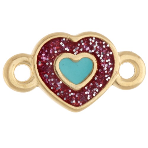 15x8.5mm Heart-Shaped Spacer, Epoxy Resin - Fine gold plated - Pink Glitter - Blue