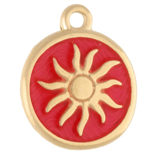 Irregular round charm 15 mm - Sun motif - Gilded with fine gold - Fluorescent coral x1