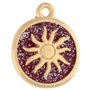 Irregular round charm 15 mm - Sun motif - Gilded with fine gold - Pink glitter