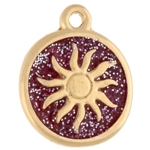 Irregular round charm 15 mm - Sun motif - Gilded with fine gold - Pink glitter