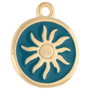 Irregular round charm 15 mm - Sun motif - Gilded with fine gold - Petroleum blue