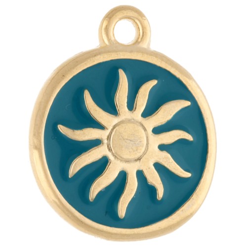 Irregular round charm 15 mm - Sun motif - Gilded with fine gold - Petroleum blue