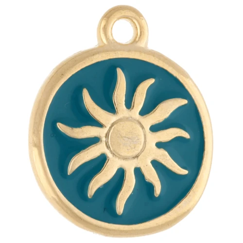 Irregular round charm 15 mm - Sun motif - Gilded with fine gold - Petroleum blue