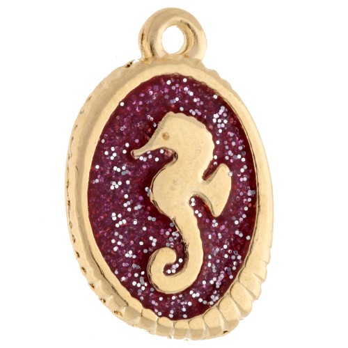 Oval pendant 21x13.5 mm - seahorse motif - Gilded with fine gold - Pink glitter x1