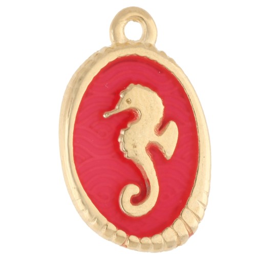 Oval pendant 21x13.5 mm - seahorse motif - Gilded with fine gold - Fluorescent coral x1