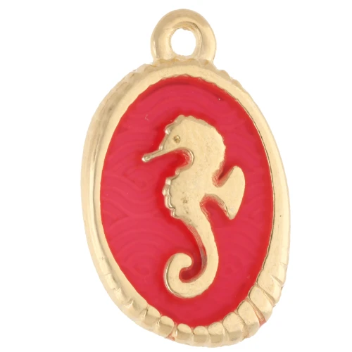 Oval pendant 21x13.5 mm - seahorse motif - Gilded with fine gold - Fluorescent coral x1