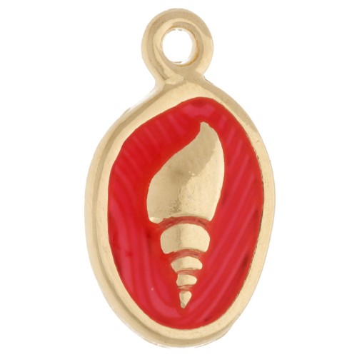Oval Charm 19x11 mm - Shell motif - Gilded with fine gold - Fluorescent coral x1