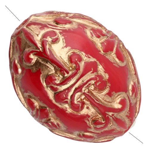 14x11 mm olive bead in opaque resin - Baroque decor - Red - Gold x1