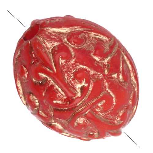 10x8 mm olive beads in opaque resin - Baroque decor - Red - Gold x4
