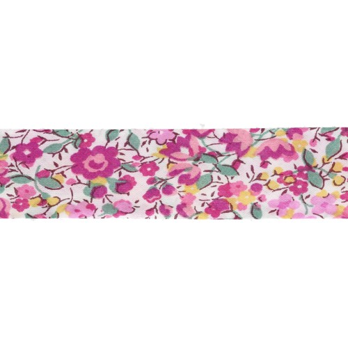 Liberty Fabric Bias Tape - Emma and Georgina - White - Fuchsia - Green x 1 m